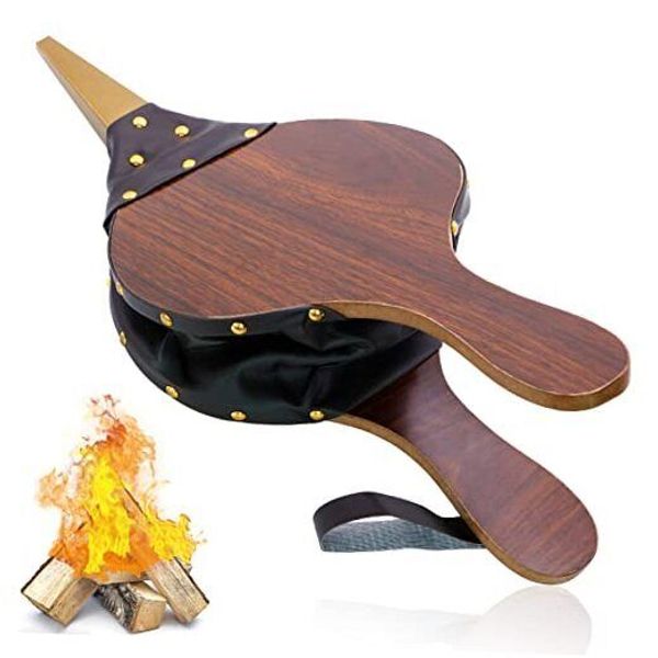 Wood Fireplace Bellows 17''x7.5'' with Hanging Leather Strap, Brown Air