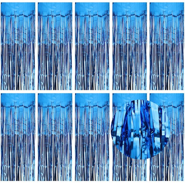 JMIATRY 10 Pcs Blue Tinsel Curtains, 3.3x6.6ft Blue Foil Fringe Curtains, Glitter Curtain Party Backdrop for Birthday Party, Wedding and Festival Decorations