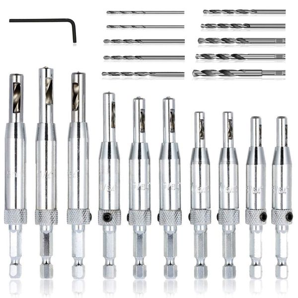 21 pcs Center Drill Bit Set, AFUNTA Self Centering Hinge Tapper Core Hole Puncher 5/64'' 7/64'' 9/64'' 11/64'' 13/64'' 5mm 1/4'' & 1 Pcs Hex Key & 10 Pcs Replacement Drill Bits