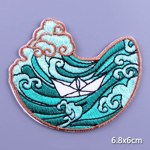 Patches Pulaqi-Mountain Waves Nature DIY Camping Fusible Applique Embroidered Applique Patches for Clothing Appliques, 03 PE6134CT