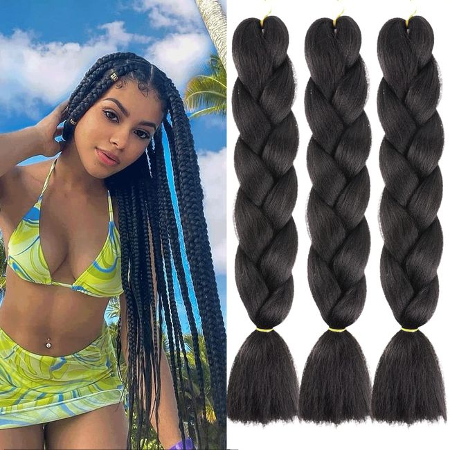 Xtrend 3 Packs 24 Inch Natural Black Jumbo Braiding Hair for Twist Box Bradis Hair Kanekalon Braiding Hair High Temperature Synthetic Braiding Hair for Women(3 Packs, 1B#)…
