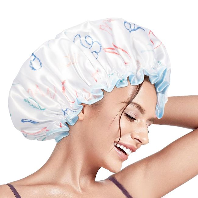 Aquior Shower Caps, Reusable Shower Cap for Women, Double Layer Waterproof Hair Cap, Large Size for All Hair Lengths (white)