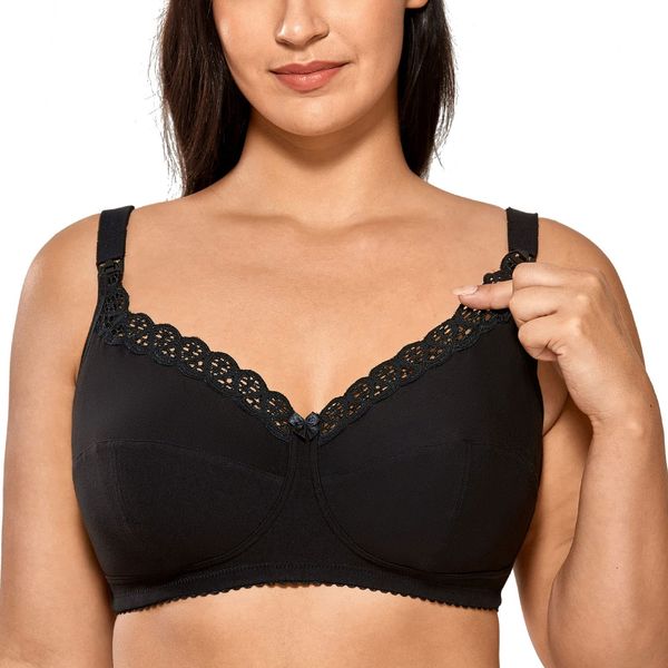 Gratlin Women's Cotton Wirefree Soft Maternity Nursing Bra with Lace Trim Black 42G