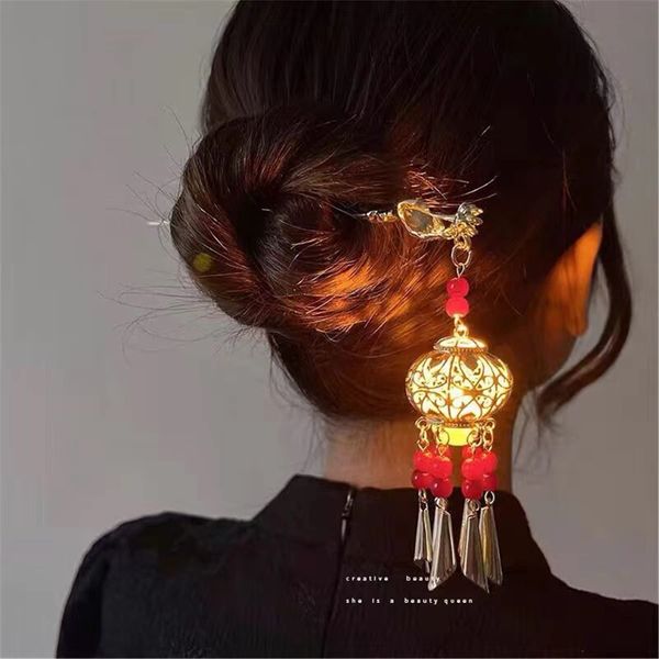 Lantern Light Tassel Hairpins Hair Stick Chinese Coiled Hair Antique Hair Pin Hair Accessories for Women 1 PC Red Bead