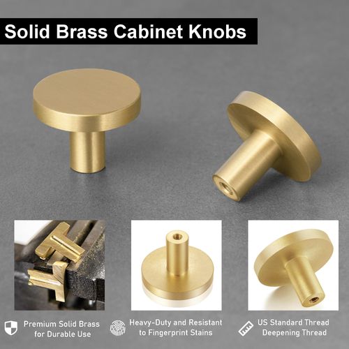 QOGRISUN 20-Pack Solid Brass Cabinet Knobs, 1-Inch Diameter, Round Gold Dresser Drawer Pulls Handles, Modern Kitchen Hardware, Brushed Brass Finish