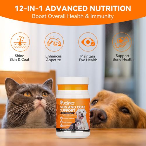 Puainta Dog Vitamins and Supplements, 12-in-1 Multivitamin for Skin & Coat Support for Dogs and Cats, Boots Immunity, Maintains Vision Healthy Treats, Stimulates Appetite Nutritious Food-200 Tablets