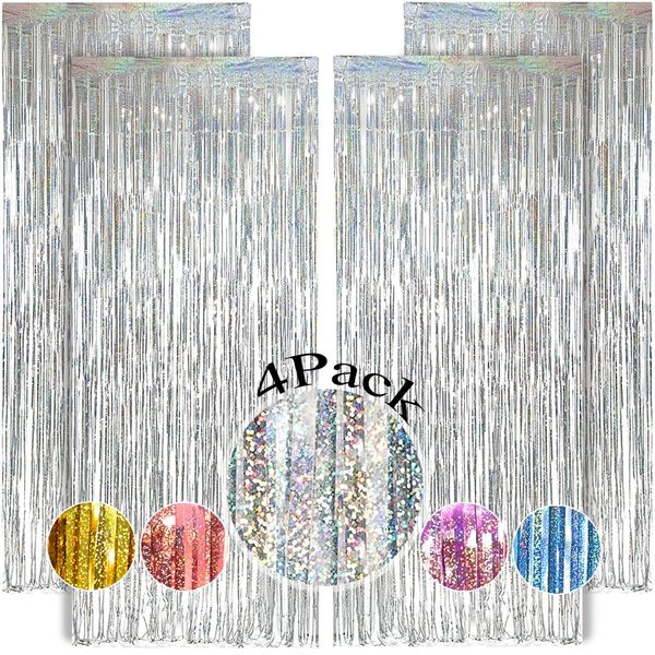 Metallic Tinsel Curtain Silver Glitter – OEMG 4Pack 3.3x8.2FT Silver Foil Fringe Curtain, Metallic Silver Foil Curtain, Silver Metallic Fringe Curtain, Silver Party Curtain