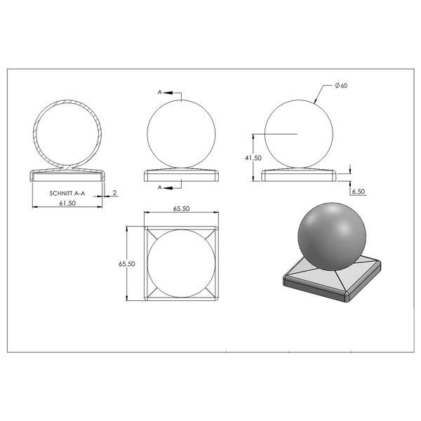 Fenau | Pfeilerbedecker/Pfosten-Kappe für Quadratrohr | 60x60 mm | mit Kugel Ø 60 mm | Stahl (Roh) S235JR