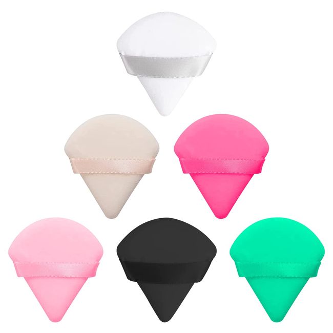 Jagowa 6 Pcs Triangle Powder Puff Velvet Wet Dry Dual-Use Soft Reusable Makeup Tool with Strap for Pressing Powder Foundation (6 Colors)