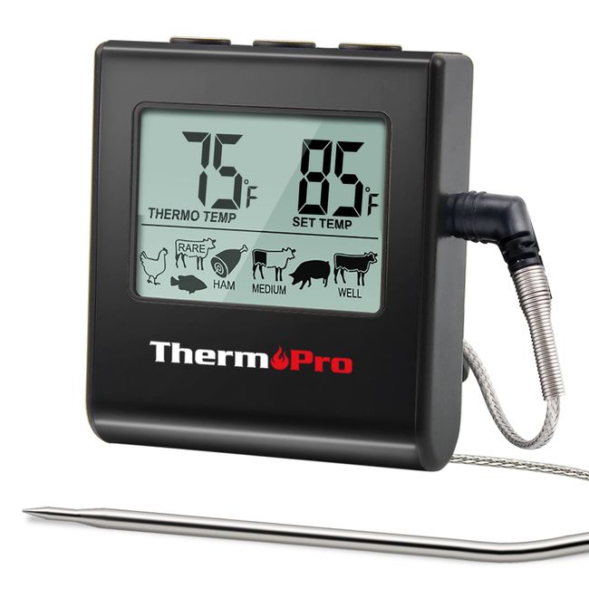 ThermoPro TP16 Large LCD Digital Meat Thermometer for Cooking, Smoking, Grilling, BBQ Food Thermometer with Clock Timer and Stainless Steel Probe, Black
