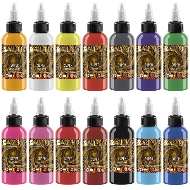 DLD Golden Swirls Baodeli 14PCS Tattoo Ink Set - Vegan - Eternal Professional Tattoo Ink 1oz 30ml/Flasche LOT Dazzling Dynamic Lines - Universal Tattoo Ink Set.