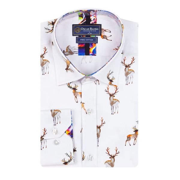 Oscar Banks White Deer Print Men's Shirt with Matching Handkerchief
