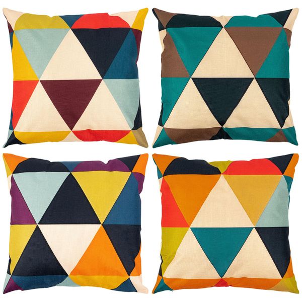 Garden Cushion Covers 18x18 Inch, Waterproof Cushion Covers Set of 4 Geometric Linen Pillow Cover, Colourful Art Outdoor Cushion Covers for Garden Furniture Cushions, Sofa, Bench, Patio Chair, Floor