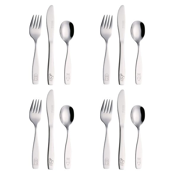 Exzact Children's Cutlery 12pcs Set Stainless Steel/Kids Cutlery - 4 x Forks, 4 x Safe Dinner Knives, 4 x Dinner Spoons - Engraved Dog Cat Bunny Design