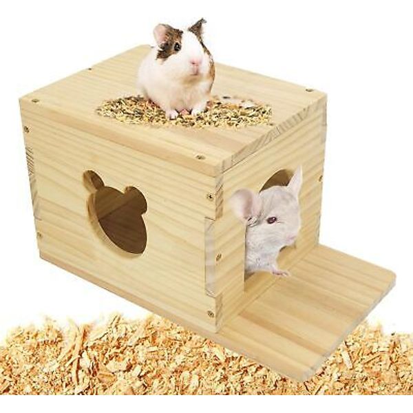 Pet Chinchilla House with Platform, Guinea Pig Cage Wooden Hut, Bunny Small