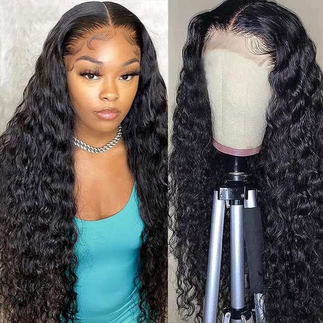 Water Wave 4x4 Lace Closure Wigs Human Hair Pre Plucked 150% Density Brazilian Wet and Wavy Virgin Human Hair Wigs for Black Women Curly Human Hair Wig with Baby Hair Natural Color 20 Inch