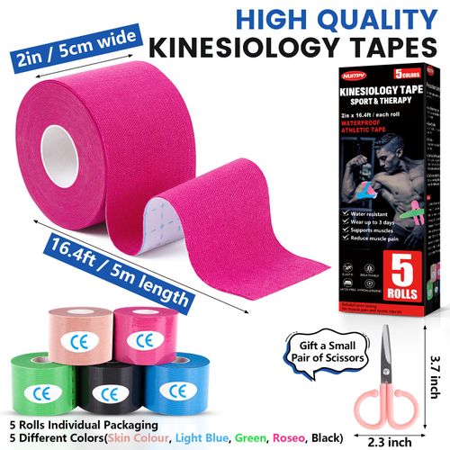5 Rolls Kinesiology Tape, 5 Colors 2 inch x 16.4 Feet Waterproof Athletic Tape, Uncut Kinetic Tape, Elastic Muscle Tape, Sports Tape, Knee Tape for Exercise and Daily Use
