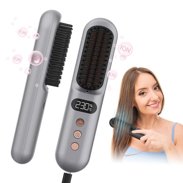 Waonsiem Cordless Hair Straightener Brush, Portable Mini Straightening Brush for Travel, Negative Ion Hot Comb Hair Straightener for Women, Ions Hot Brush, 10000mAH USB Rechargeable, Anti-Scald, Grey