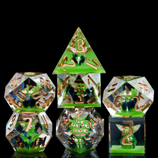 Cusdie Sharp Edges DND Dice, 7 PCs D&D Dice, Handcrafted Polyhedral Dice Set, for Role Playing Game (Green Sprite)