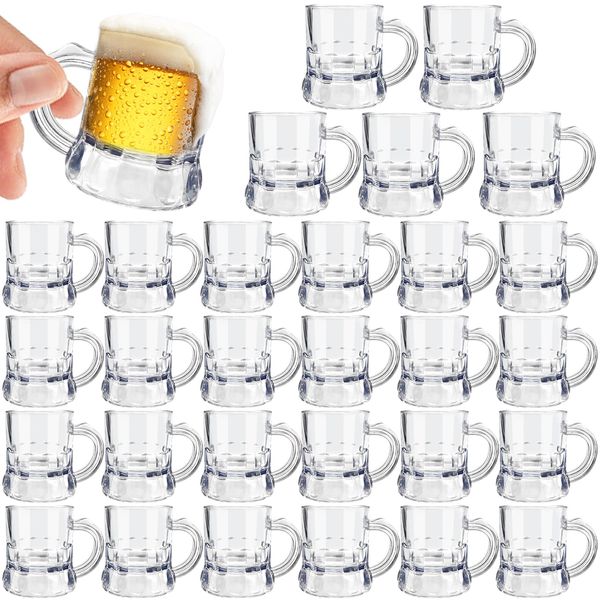 Irrmshr 30 Pcs Mini Plastic Beer Mugs,1 oz Clear Plastic Beer Glasses,Shot Glasses with Handles,Reusable Beer Stein Tasting Glasses Whiskey Juice Cups for Drinking Beer Festival Party BBQ