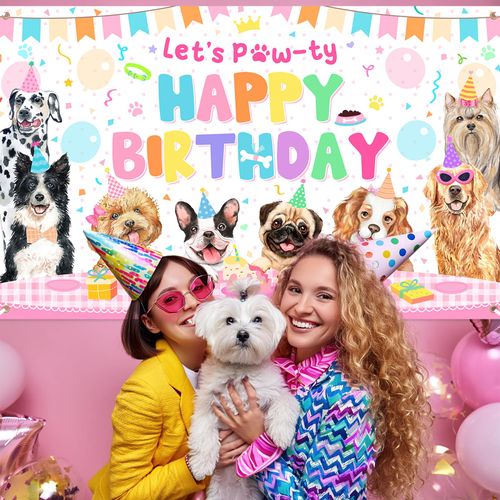 Avezano Dog Birthday Decorations Pink Puppy Dog Birthday Party Banner Let's Pawty Dogs Kids Birthday Photography Backdrop Indoor and Outdoor 70.8x43.3 inch
