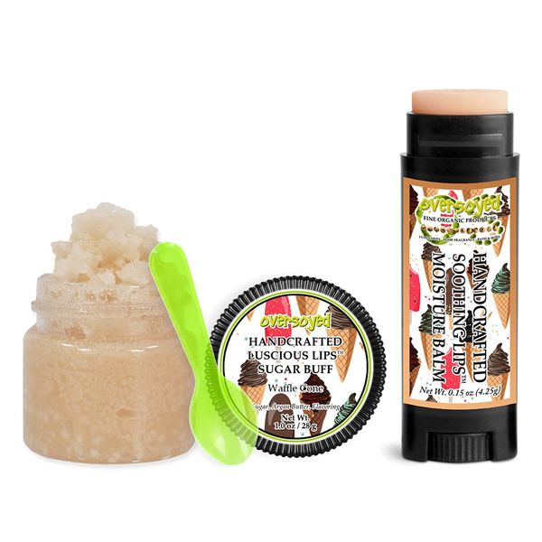 Waffle Cone Soothing & Luscious Lips by OverSoyed Exfoliator & Chapped Lip Repair Lip Care Combo | Artisan Handcrafted to Order Crispy Waffle Buttercream Cinnamon Burnt Caramel Flavored Exfoliating Sugar Lip Scrub & Lip Moisturizer Balm Gift Set