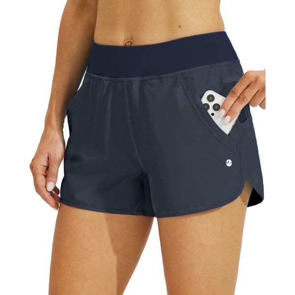 WILLIT Damen 3" Badeshorts Badehose Schwimmen Boardshorts mit Kurzliner Taschen Schnelltrockner UVA Schutz Marineblau M