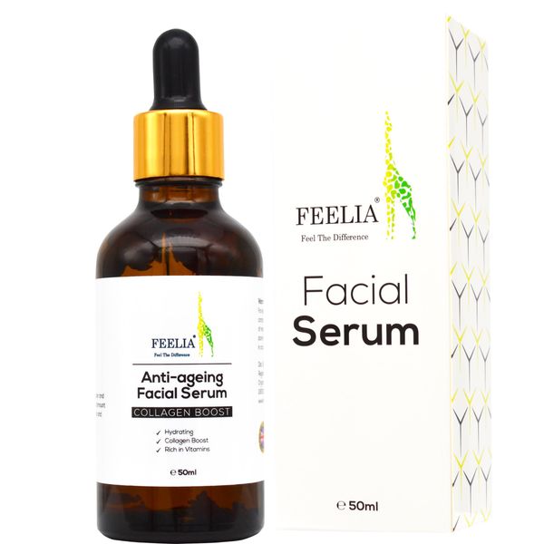 Feelia – Anti-ageing Facial Serum, Collagen Boost, With Rosehip, Passion Fruit seed, Argan, Red Rasberry, Natural Light Formula, Rich in Vitamins A, C, E, Hydrates & Softens Skin – 50ml