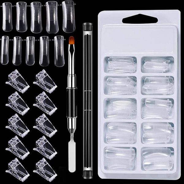 Perfect Nail Tool Set Fake Nail Extensions Transparent Pack with 100 Transparent Fake Nail Molds, 1 Polygel Brush and 10 Nail Tip Clips for Nails