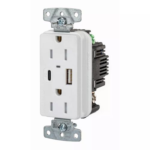 Bryant Electric 15-Amp, 125-Volt USBB15ACPDW Type A and C USB in-Wall Charger Outlet, Tamper-Resistant, White