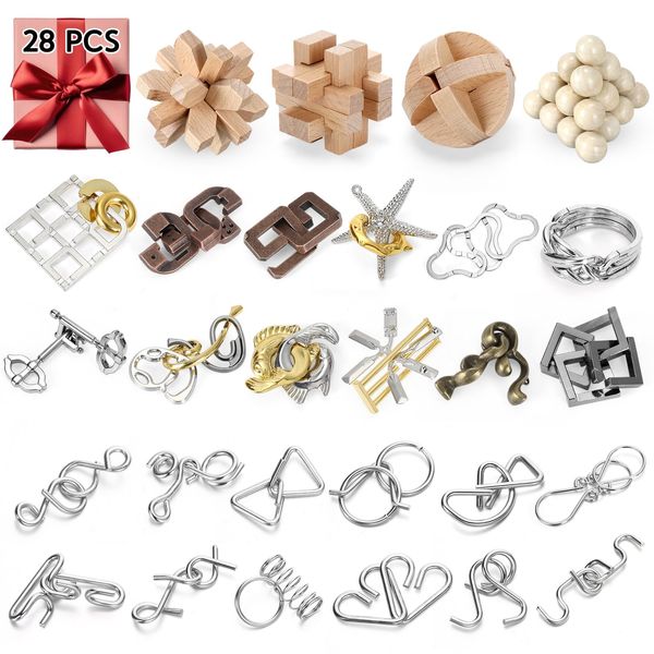 Seenelling 28 Pcs Brain Teaser Puzzles Wooden and Metal Cast 3D Unlock Interlocking Puzzles Gift IQ Educational Smart Puzzle Toys for Teens Adult Puzzles