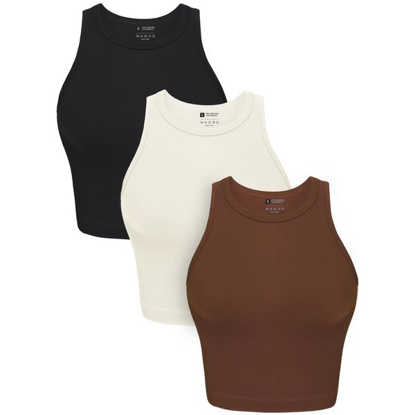 OLCHEE Womens 3 Pack Crop Tank Tops Basic Seamless Ribbed Round High Neck Racerback Workout Top Summer Causal Yoga Gym Shirts - Black Brown Beige Large