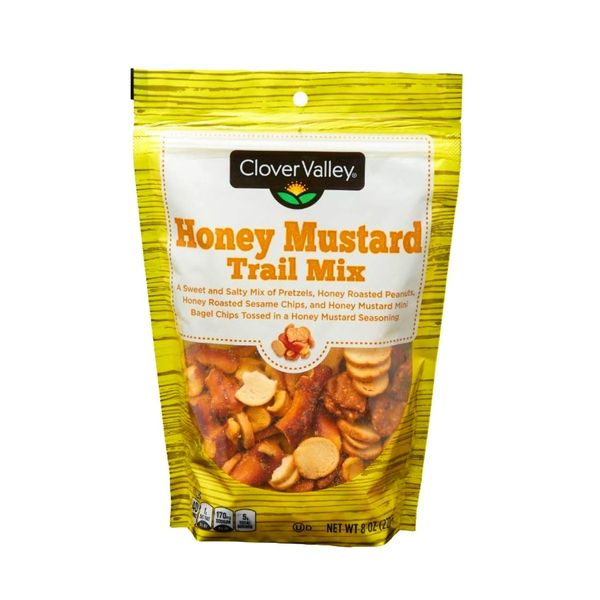 Clover Valley Honey Mustard Trail Mix -1 Bag (8oz) - Sweet & Salty Pretzels, Honey-Roasted Peanuts, Sesame Chips, and Mini Bagels -Zesty Seasoned Snack in a Convenient are-Sealable Bag