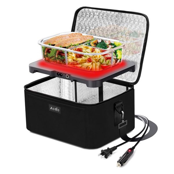 Aotto Portable Oven, 12V, 24V, 110V Food Warmer, Portable Mini Personal Microwave Heated Lunch Box Warmer for Cooking and Reheating Food in Car, Truck, Travel, Camping, Work, Home, Black