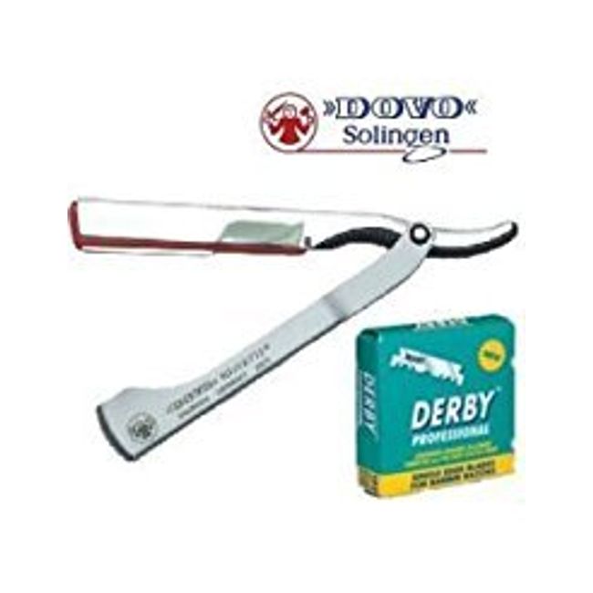 DOVO Shavette Steel Handle Straight Razor with Red Holder and FREE 100 DERBY Professional Single Edge Blades