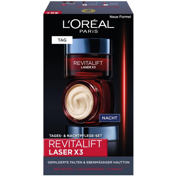 L'Oréal Paris Gesichtspflege Set, Anti-Aging Tagespflege und Nachtpflege mit 3-fach Wirkung, Mit Pro-Retinol, Hyaluron und Vitamin C, Revitalift Laser X3, 2 x 50 ml