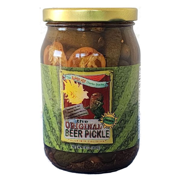 The Original Beer Pickle Gherkins - Super Hot and Spicy Dill Pickle Gherkins Packed With Fresh Garlic and Habanero - Made in Texas