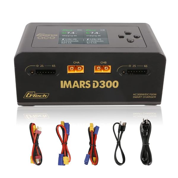 Gens Ace Lipo Battery Charger IMARS D300 G-Tech Series Smart Dual Lipo Charger 16A AC 300W DC 700W Lipo Charger（Black）