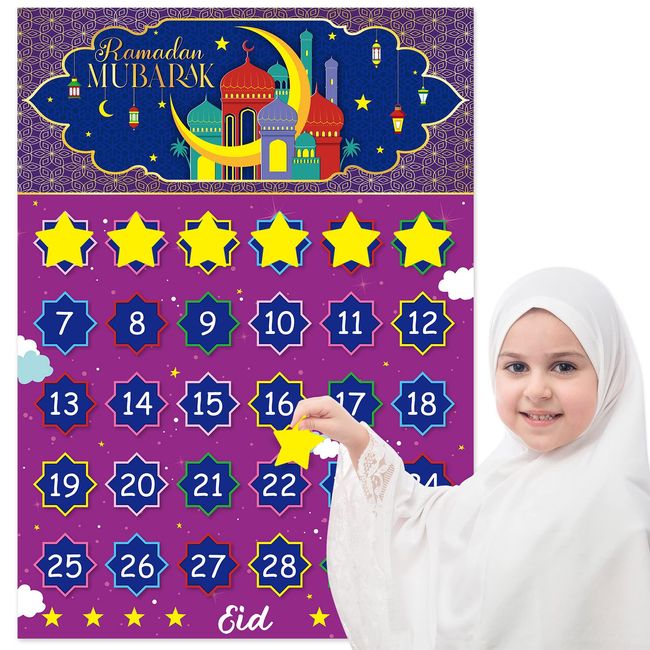 Ramadan Mubarak Adventskalender Ramadan Eid Countdown Kalender 2023 Ramadan Dekoration für Kinder Eid Geschenk Mubarak Eid Al Fitr Party Islamische Deko mit 30 Wiederverwendbaren Sternen