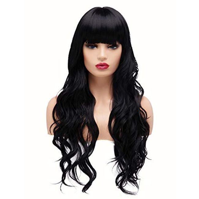 BESTUNG Long Curly Wavy Wigs for Women Ladies Synthetic Full Hair Natural Black Brunette Wig with Straight Bangs for Daily Wear (Straight Bangs, Black)