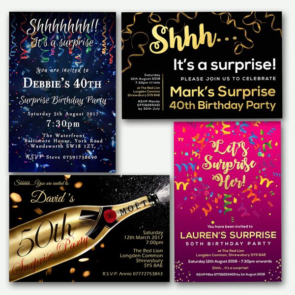 Surprise Party Invitations (Various Designs for Any Age) Personalised Birthday Invites & Envelopes