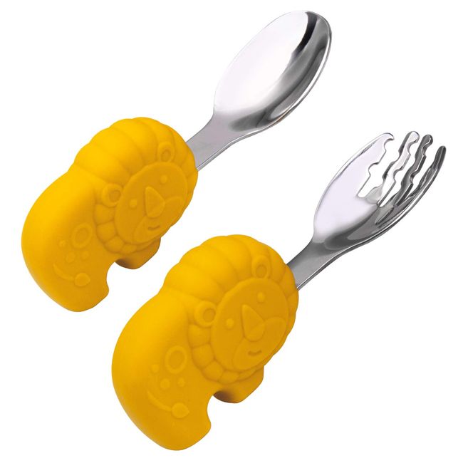 Baby Spoon Fork Set Infant Spoon Fork Easy Grip First Baby Food Tool for Baby Food Training Eating Yourself Kids Baby Spoon (Yellow-Lion)