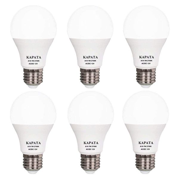 Low Voltage 12V LED Light Bulb Soft White 2700K Medium Screw E26 A19 Light Bulb , Suitable for RV , Boat , Camping , Outdoor Solar Powered Lighting , Off Grid Lighting, 6-Pack