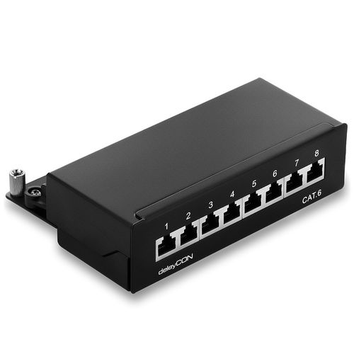 deleyCON CAT 6 8-port network panel/patch panel/distributor field - desktop/wall mounting - shielded - 8x RJ45 ports - TIA568A / TIA568B - black