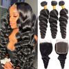 loose wave bundle with closure (20 22 24+18, natural black color)