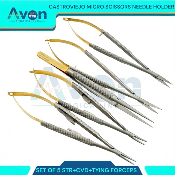 German 5 Castroviejo Micro Scissors Needle Holder  Forceps Dental Eye Set Kit
