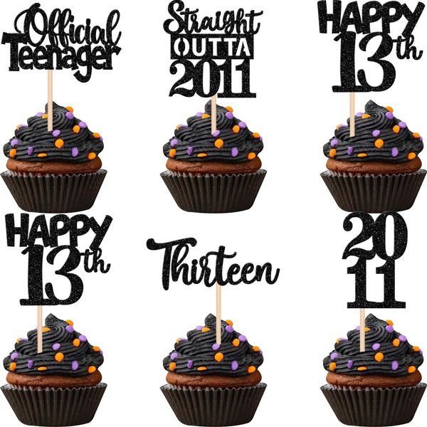 30PCS Black 13th Birthday Cupcake Toppers Glitter Thirteen Happy 13th Straight Outta 2011 Cupcake Picks for Cheers to 13 Years 13th Birthday Anniversary Party Decorations Supplies