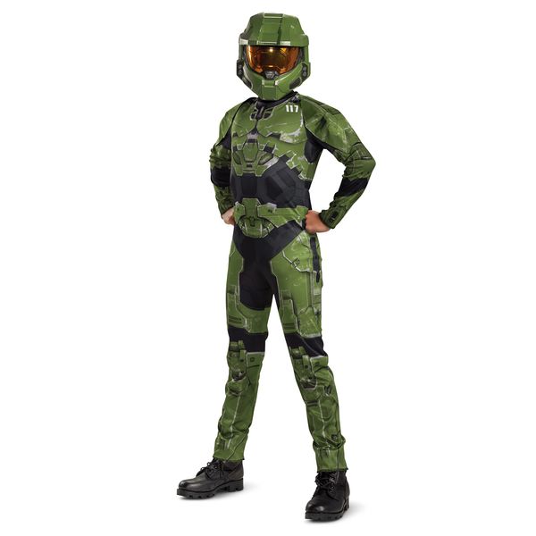 Disguise Halo Infinite Master Chief Costume, Kids Size Video Game Inspired Character Jumpsuit, Classic Child Size Medium (7-8), Green & Black (104989K)