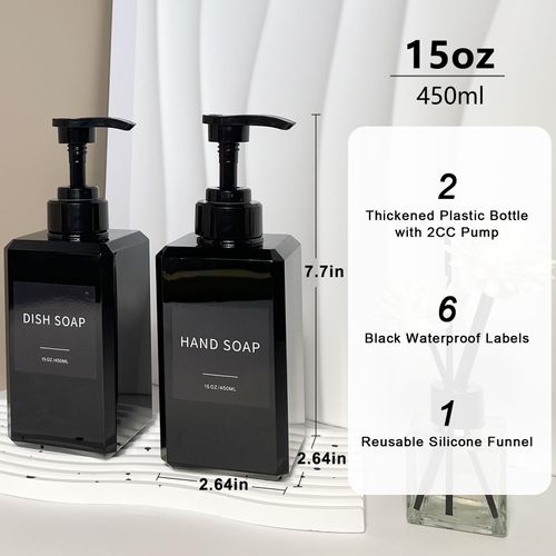 Black Soap Dispenser with Waterproof Labels, Plastic Hand Soap Dispenser for Bathroom, Thickened Plastic Dish Soap Dispenser, Shampoo and Conditioner Bottles with Funnel