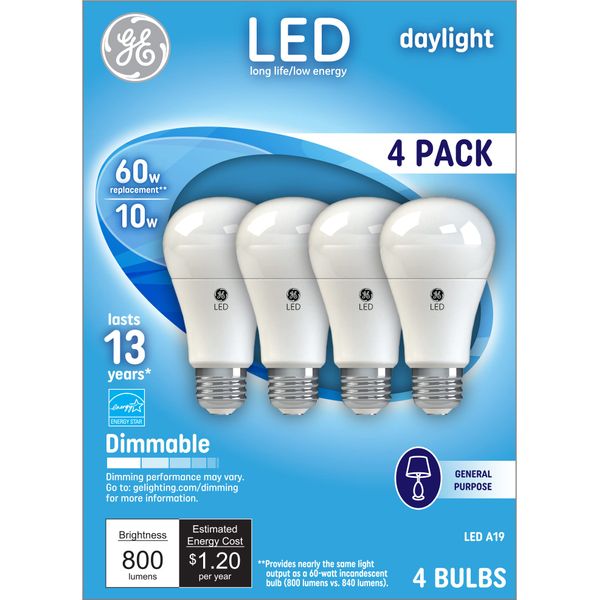 GE Lighting LED Standard Light Bulbs, 10 Watts (60 Watt Equivalent) Daylight, Medium Base, Dimmable (4 Pack)